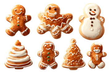 Collection of various gingerbread men cookies isolated on transparent background
