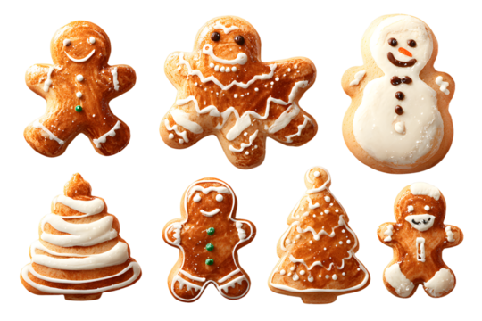 Collection of various gingerbread men cookies isolated on transparent background