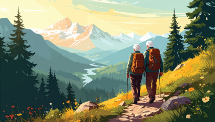 Seniors hike floral path toward snowy peaks. Alpine elders journey through bright trails. Scenic mountain walk in bloom season. Snow peak valley trek for seniors