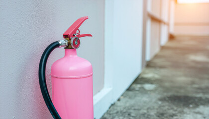 Multi hazard scenario with pink fire extinguisher placed outdoors against wall in sunlight for emergency safety awareness