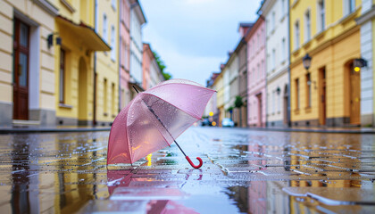 Pink umbrella on wet cobblestone street creates multi hazard scenario with rain reflections and colorful buildings in urban environment
