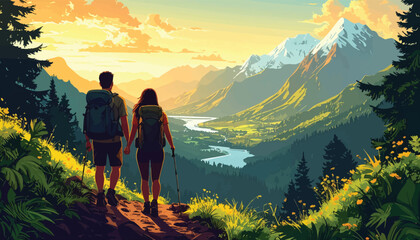 Obraz premium Couple hikers gaze over bright alpine valley. Summer trekking pair above winding river. Mountain explorers rest at lush green ridge. Scenic hikers admire river valley sunset