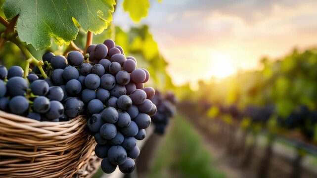 Wicker basket filled to the brim with juicy purple grapes sits in a vineyard at sunset. The warm golden light illuminates the rows of vines, symbolizing a plentiful and prosperous harvest