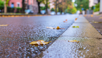 Wet street with autumn leaves creates multi hazard scenario for pedestrians and vehicles in quiet urban neighborhood