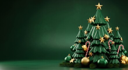 Group of decorative Christmas trees with gold stars, green baubles, and candy canes on deep green
