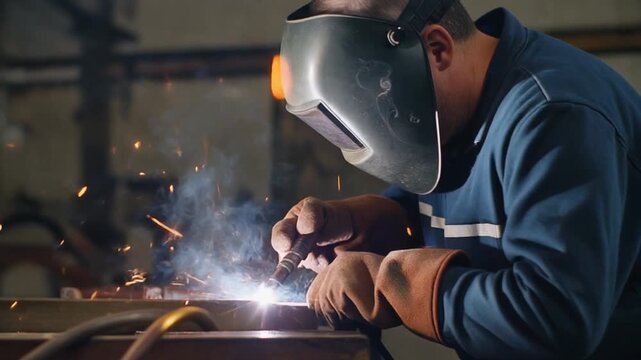 Welder working with flying sparks in slow motion &mdash; welding process with protective mask and bright metal sparks