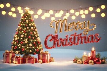 High Impact 3D Merry Christmas" Text Beside a Decorated Tree and Glowing Candles on Snowy Ground.