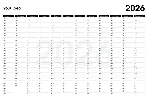 2026 Year planner. Wall calendar design template, clean. Horizontal annual worldwide printable wall planner, diary, activity template with dates, days of the month and space for personal notes. Vector