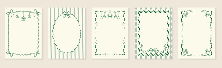 Fototapeta premium Christmas frame vector illustration set with red and green ribbons, bows, holly leaves and festive decorations — elegant holiday design for greeting cards, invitations, posters and packaging prints.