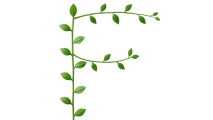 F" letter made from green plant stem and fresh leaves on white. isolated on white background