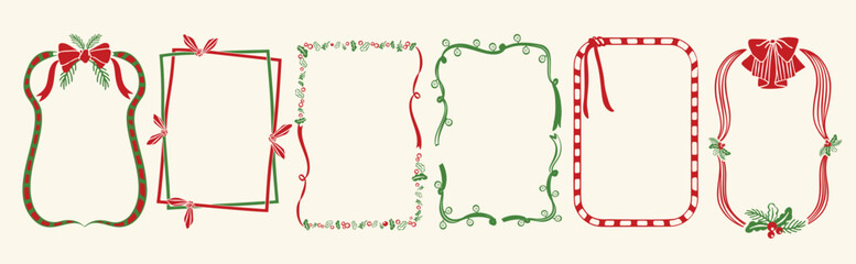 Christmas frame vector illustration set with red and green ribbons, bows, holly leaves and festive decorations — elegant holiday design for greeting cards, invitations, posters and packaging prints.