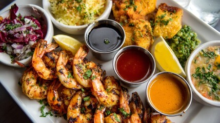 Fototapeta premium Grilled Shrimp Platter with Colorful Sides and Dipping Sauces Perfect for Summer Gatherings and Culinary Photography