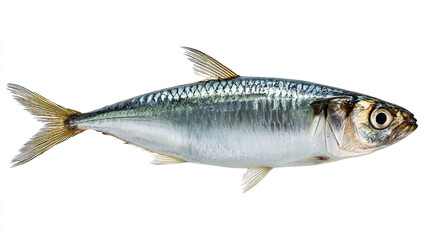 Fototapeta premium A single sardine fish with silver scales and yellow tail on a white background alone