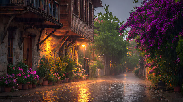 Rainy Night in a Historic European Alley with Blooming Flowers