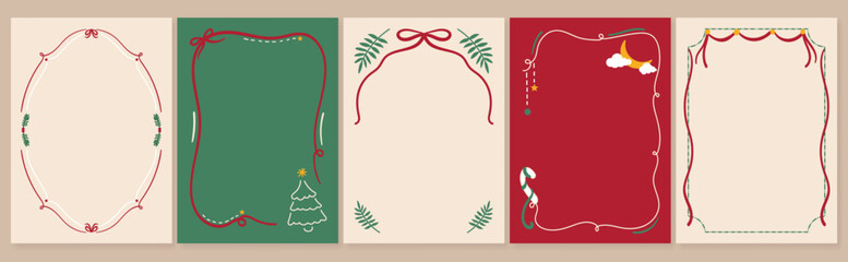 Obraz premium Christmas frame vector illustration set with red and green ribbons, bows, holly leaves and festive decorations — elegant holiday design for greeting cards, invitations, posters and packaging prints.