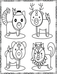 Tribal Forest Animals Coloring Page. Cute Cat, Deer, Bear, and Lion Line Art for Kids.