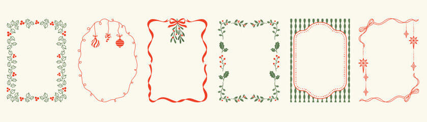 Fototapeta na wymiar Christmas frame vector illustration set with red and green ribbons, bows, holly leaves and festive decorations — elegant holiday design for greeting cards, invitations, posters and packaging prints.