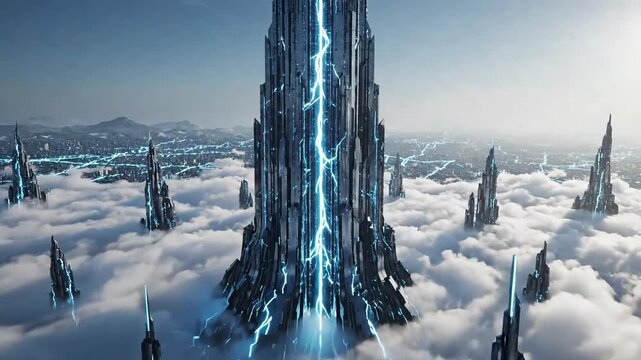 Futuristic metropolis ascends through clouds with glowing energy spires reaching skyward, hinting at advanced civilization's power.