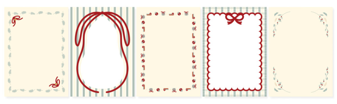 Christmas frame vector illustration set with red and green ribbons, bows, holly leaves and festive decorations &mdash; elegant holiday design for greeting cards, invitations, posters and packaging prints.
