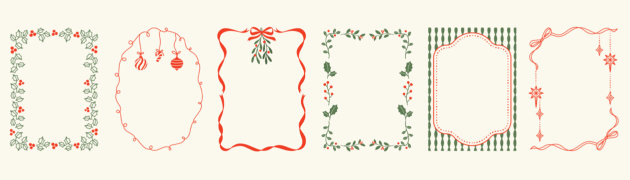 Christmas frame vector illustration set with red and green ribbons, bows, holly leaves and festive decorations &mdash; elegant holiday design for greeting cards, invitations, posters and packaging prints.