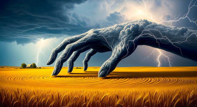 Massive Hand Made of Clouds Gripping a Wheat Field Under a Dramatic Lightning Storm