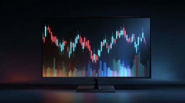 Abstract digital stock market chart illustration on modern television screen displaying colorful financial data trends and candlestick patterns in dark environment