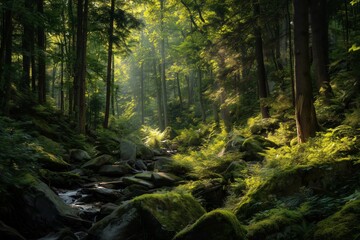 Obraz premium Natural Sunlight Beams Through Dense Leaves in a Peaceful Forest Setting Details matter.