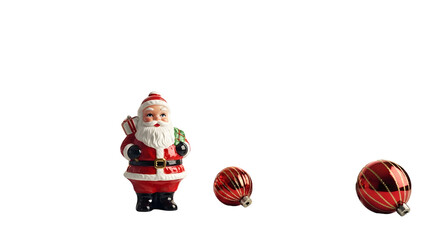 Santa Claus figurine with red baubles on a white background