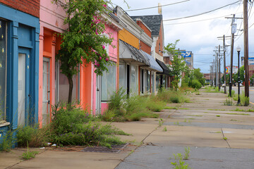 Abandoned Main Street with Overgrown Sidewalks in a Faded Town