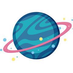 A Stylized Blue Planet with Swirling Patterns and a Pink Ring Orbiting in Space Surrounded by Stars and Bubbles