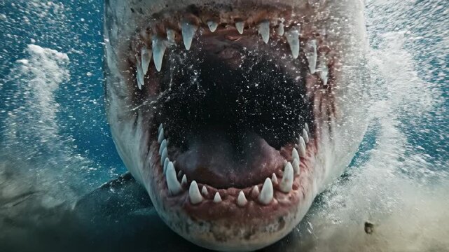 The dangerous predator shark swims in the water near a man in the pool