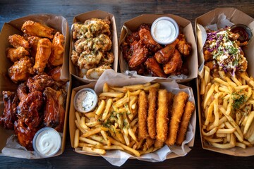 Delicious Spread of Crispy Wings, Fries, and Appetizers on a Dark Table Details matter.