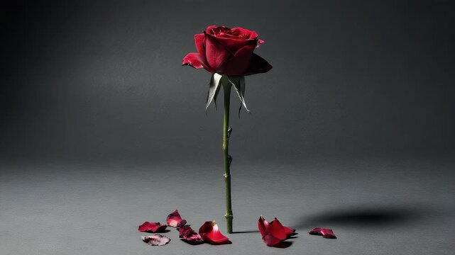 Single red rose with falling petals against a grey background, conveying loss and fleeting beauty