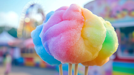 rainbow cotton candy with a fair in the background , with copy space for National Cotton Candy Day