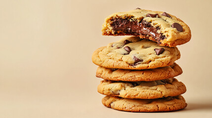 Irresistible stack of gooey chocolate chip cookies for dessert indulgence with copy space for National Cookie Day, Chocolate Chip Cookie Week, Cookie Exchange Day, Homemade Cookies Day