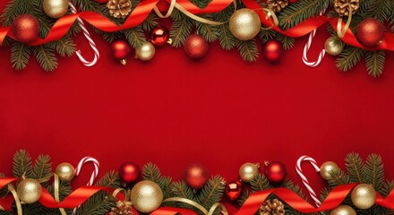 Top and bottom Christmas decorations with fir, ribbons, baubles, and candy canes on red
