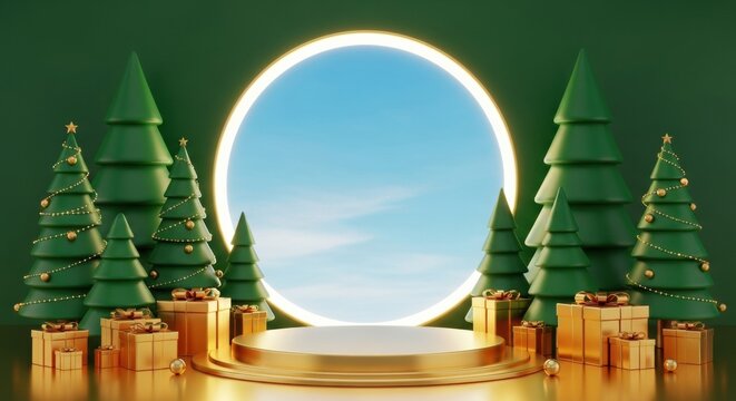 Golden podium with neon circle and cartoon pine trees on a green Christmas background