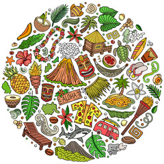 Colorful vector set of Hawaii cartoon doodle objects, symbols and items. Round composition