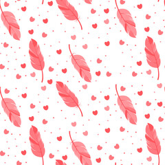A pattern with pink hearts and feathers. Stylized feathers and hearts. Hearts and feathers. For fabric, for a post, for a cover, for printing. EPS 10