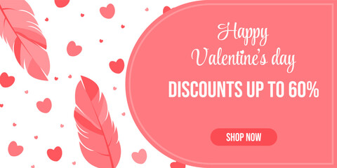 Valentine's Day Sale Banner. Hearts and feathers. Sale template, ad, background, flyer, brochure. EPS 10