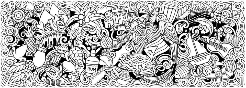 Puerto Rico cartoon doodle vector sketchy banner. Funny Puerto-Rican whimsical illustration. Caribbean tropical elements in a playful style