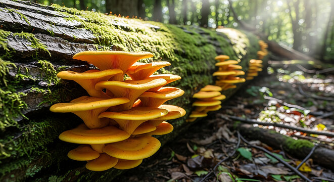 Vibrant golden oyster mushrooms flourish on a moss-covered fallen log, bathed in sunbeams within a peaceful forest setting - Powered by Adobe