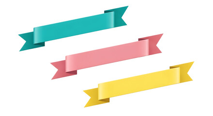 Dynamic set of three vibrant teal, pink, and yellow ribbon banners with subtle 3d effect, ideal for promotions and text