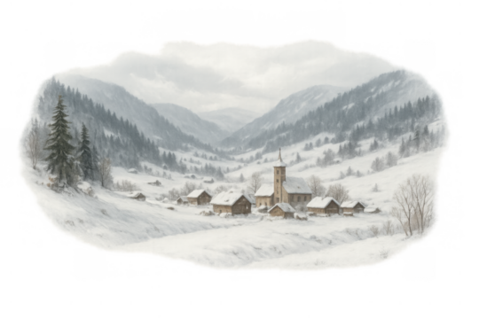 Winter village scene with church in a snowy mountain valley, traditional wooden houses covered in snow, transparent background - Powered by Adobe