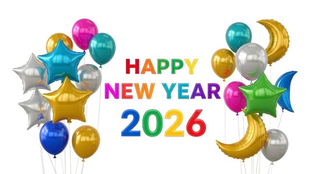 “Vibrant Happy New Year 2026 typography surrounded by colorful helium balloons, white background, crisp and shadow-free.”