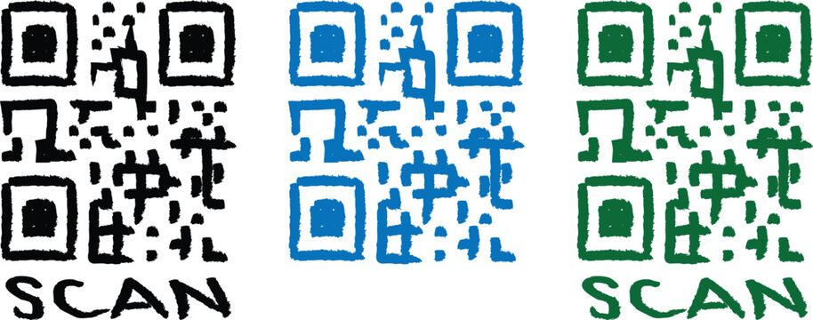 Three qr codes in black, blue, and green with the word scan below