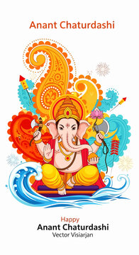 Anant Chaturdashi Celebration Lord Ganesha Seated on Water with Fireworks and Paisley Ornaments