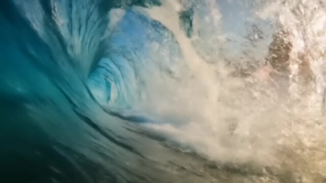 Ocean wave underwater close up with sunlight and transparent water