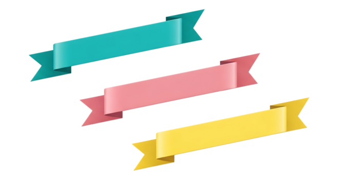 Dynamic set of three vibrant teal, pink, and yellow ribbon banners with subtle 3d effect, ideal for promotions and text - Powered by Adobe