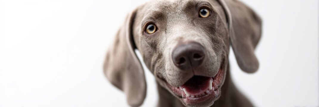Weimaraner dog showing a curious and happy expression with its mouth open and tongue visible, looking directly at the camera on a white background with ample copy space - Powered by Adobe